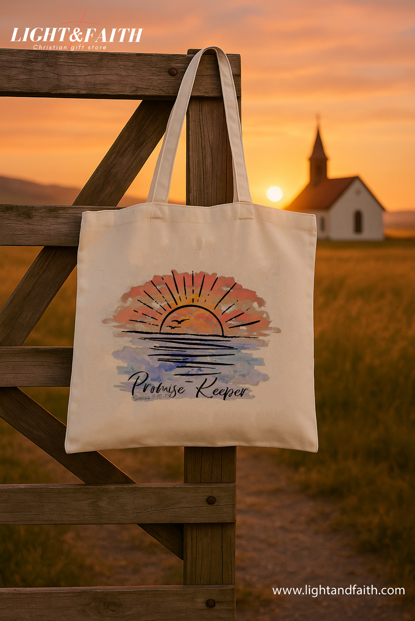 Promise Keeper Tote Bag, Christian Sunset Canvas Bag with Genesis 9:12-15 Verse, Rainbow Covenant Bible Tote, Faith Inspirational Gift TBLAF44